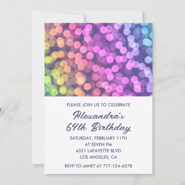 Simple 64th birthday invitations Rainbow Confetti  (Front)