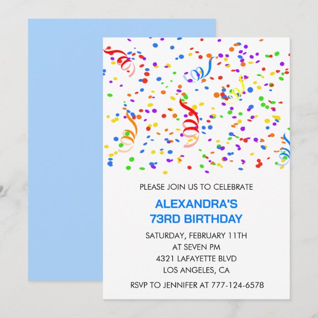 Simple 73rd birthday invitations Confetti Rainbow (Front/Back)