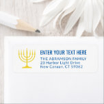 Simple 7 Candle Menorah Gold & Blue Return Address Return Address Label<br><div class="desc">Add the perfect finishing touch to cards, invitations, and other correspondence with these elegant white, gold, and blue return address labels. The gold is non-metallic printed colour, not foil. All text can easily be customised with any greeting, name, and address. Design features a simple seven candle menorah with lit candles...</div>