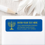 Simple 7 Candle Menorah Gold & Blue Return Address Return Address Label<br><div class="desc">Add the perfect finishing touch to cards, invitations, and other correspondence with these elegant blue and gold return address labels. The gold is non-metallic printed colour, not foil. All text can easily be customised with any greeting, name, and address. Design features a simple seven candle menorah with lit candles and...</div>