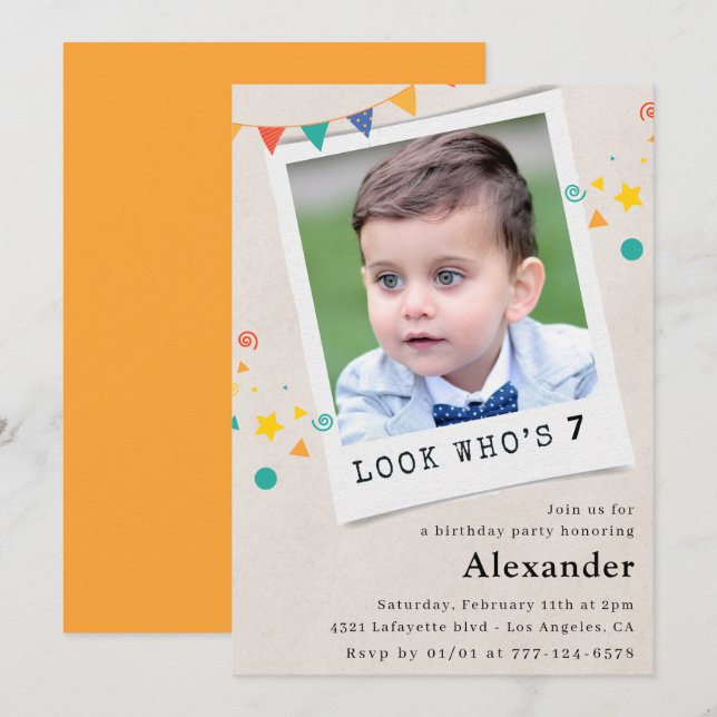 Simple 7th birthday invitations Boy Photo (Front/Back)