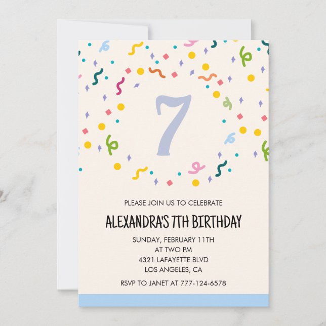 Simple 7th birthday invitations Confetti Modern (Front)