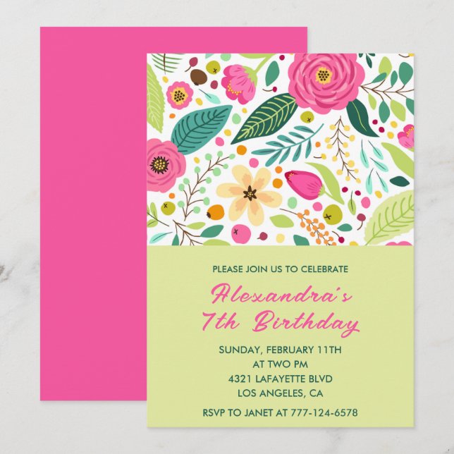 Simple 7th birthday invitations Floral Colourful  (Front/Back)