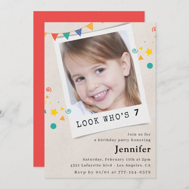 Simple 7th birthday invitations Girl Photo (Front/Back)