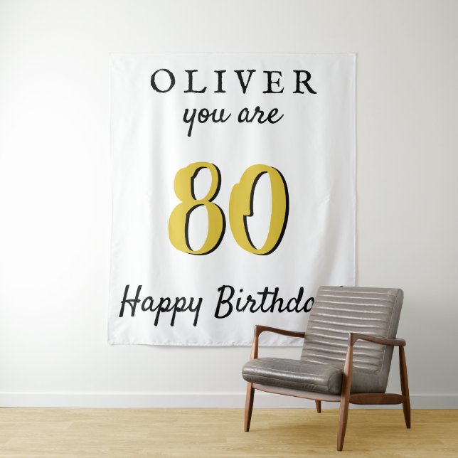 Simple 80th Happy Birthday Party Backdrop Tapestry (In Situ)