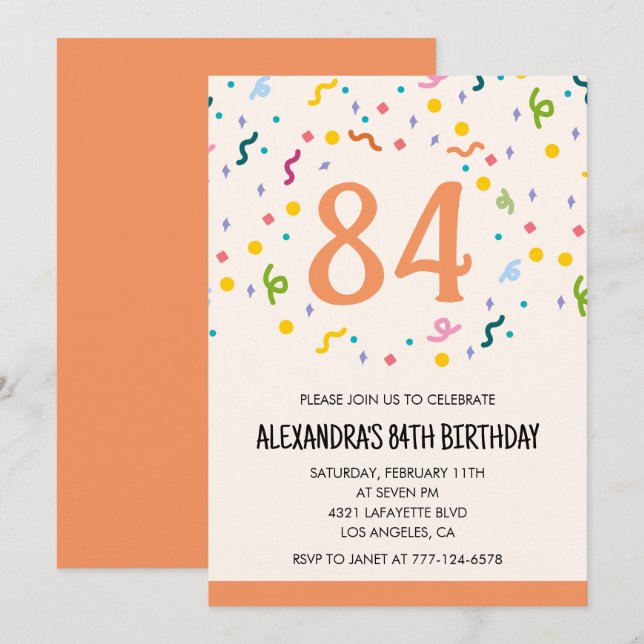 Simple 84th birthday invitations Confetti Modern (Front/Back)