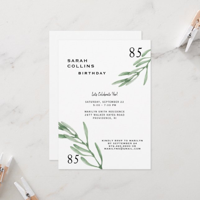 Simple 85th Birthday Party Invitation (Front/Back In Situ)