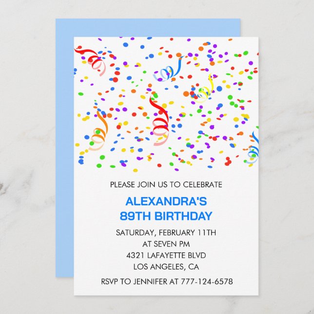 Simple 89th birthday invitations Confetti Rainbow (Front/Back)