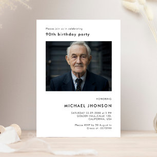  Simple 90th Photo Birthday Black & White Party Invitation