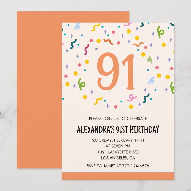 Simple 91st birthday invitations Confetti Modern (Front/Back)