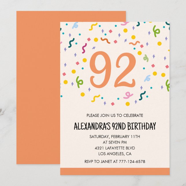 Simple 92nd birthday invitations Confetti Modern (Front/Back)