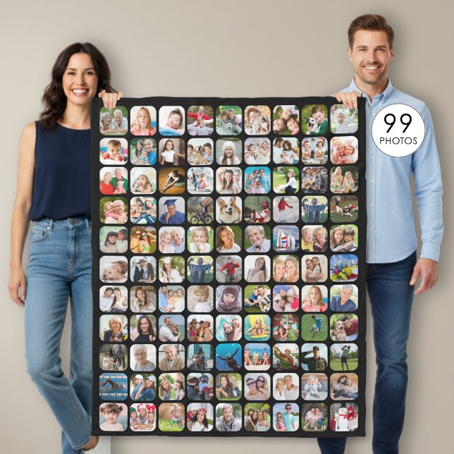 Simple 99 Photo Collage Rounded Square Black Fleece Blanket (Creator Uploaded)