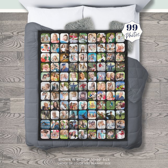 Simple 99 Photo Collage Rounded Square Black Fleece Blanket (Creator Uploaded)