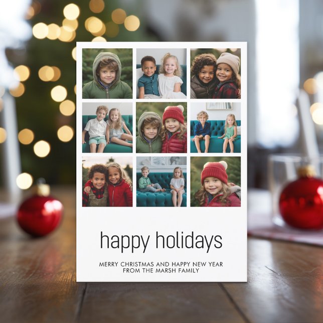 Simple 9 Photo Black White Minimal Christmas Happy Holiday Card (Modern, Minimal Christmas Photo Collage with 9 Photos)