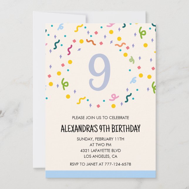 Simple 9th birthday invitations Confetti Modern (Front)