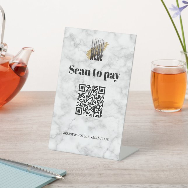Simple Add your Logo Marble Scan to Pay QR Code  Pedestal Sign (In SItu)
