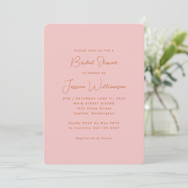 Simple Aesthetic Modern Pastel Pink Bridal Shower Invitation (Standing Front)