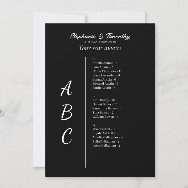 Simple Alphabetical Wedding Seating Chart Cards (Front)