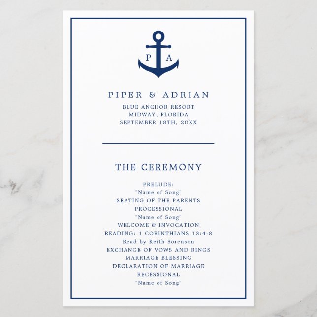 Simple Anchor Monogram Nautical Wedding Program (Front)