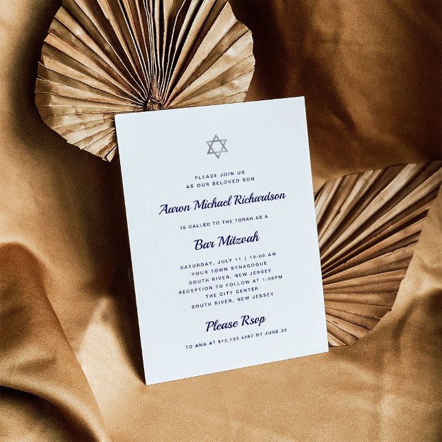 Simple and Bold | White and Dark Blue Bar Mitzvah Invitation (Creator Uploaded)