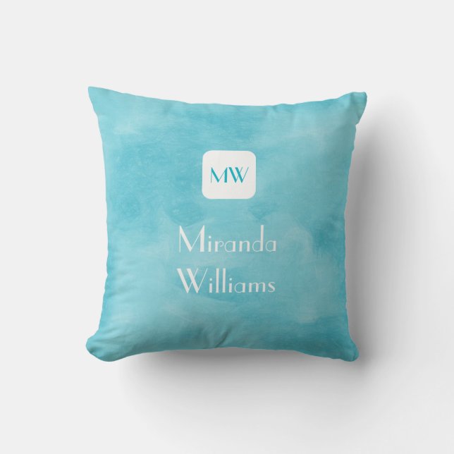 Simple and Chic Aqua Turquoise Monogram With Name Cushion (Front)