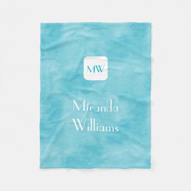 Simple and Chic Aqua Turquoise Monogram With Name Fleece Blanket (Front)