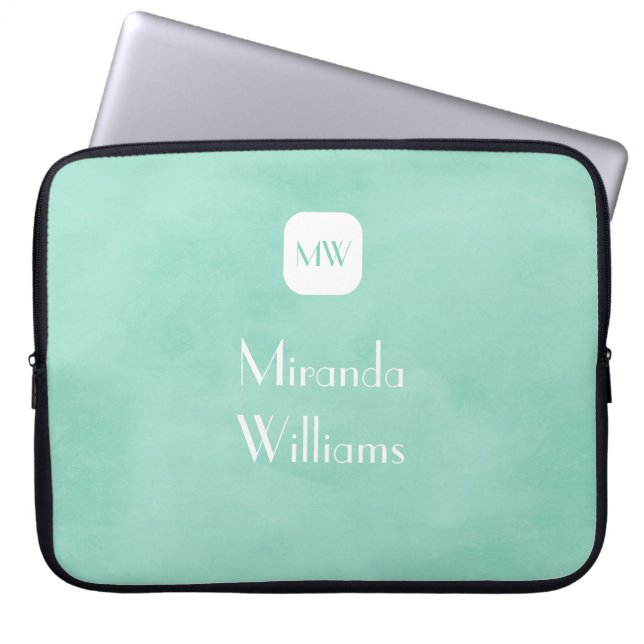 Simple and Chic Mint Green Monogram With Name Laptop Sleeve (Front)