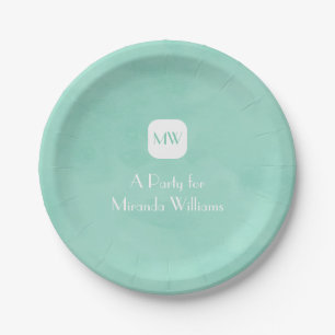 Simple and Chic Mint Green Monogram With Name Paper Plate