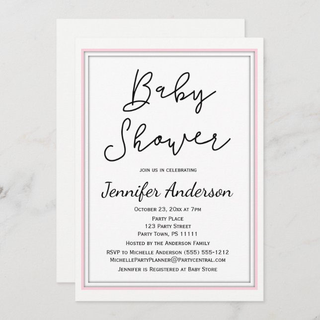 Simple and Clean Pink White Black Baby Shower Invitation (Front/Back)