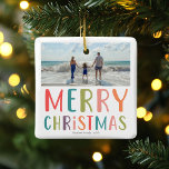 Simple and Colourful Merry Christmas Family Photo Ceramic Ornament<br><div class="desc">This simple and fun family Merry Christmas ornament features a place for you to add your names, with ‘Merry Christmas’ in colourful bright typography, as well as room for you to add your own landscape photo. On a back is a colourful polka dot design. The perfect minimalist and modern xmas...</div>