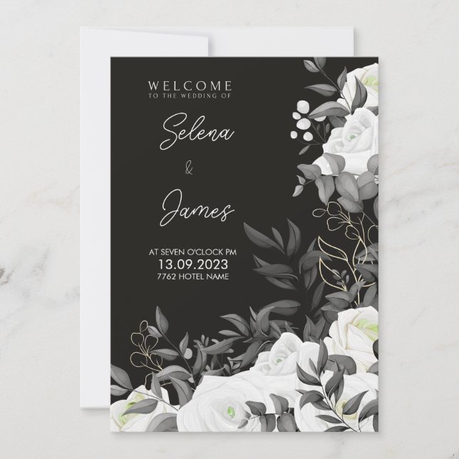simple and elegant black and white floral wedding invitation (Front)