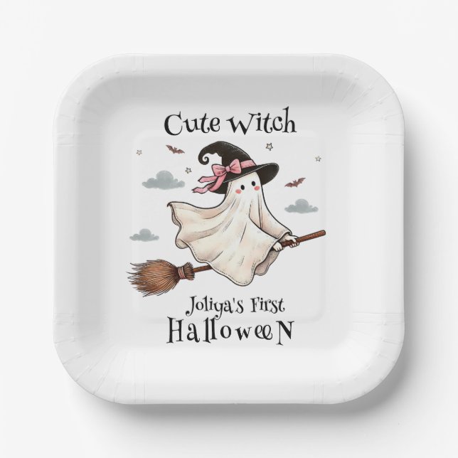 Simple and Elegant Cute witch first Halloween Paper Plate (Front)