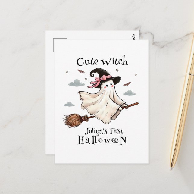 Simple and Elegant Cute witch first Halloween Postcard (Front/Back In Situ)