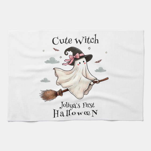 Simple and Elegant Cute witch first Halloween Tea Towel (Horizontal)