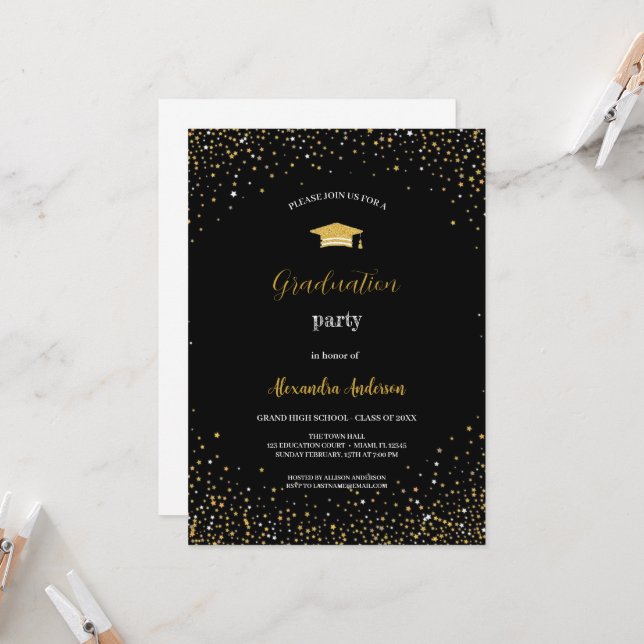 SIMPLE AND ELEGANT GOLD AND BLACK GRADUATION PARTY INVITATION (Front/Back In Situ)