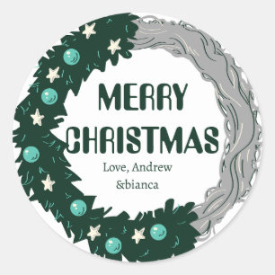 simple and elegant green christmas family classic round sticker