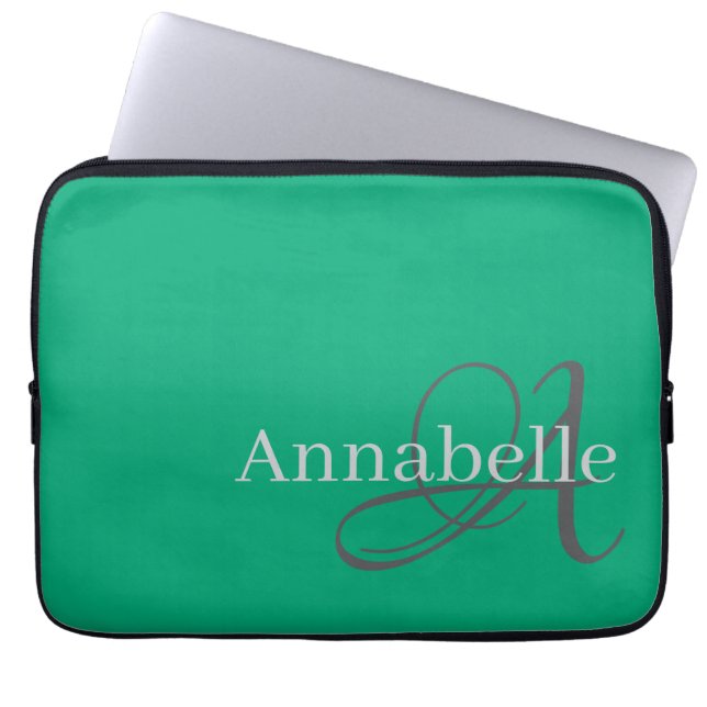 Simple and Elegant green monogram and name Laptop Sleeve (Front)