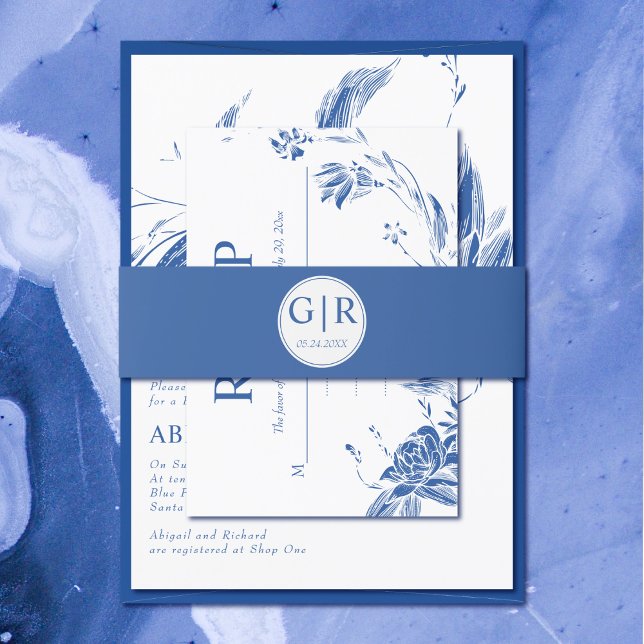 Simple and elegant initials blue wedding invitation belly band (Creator Uploaded)