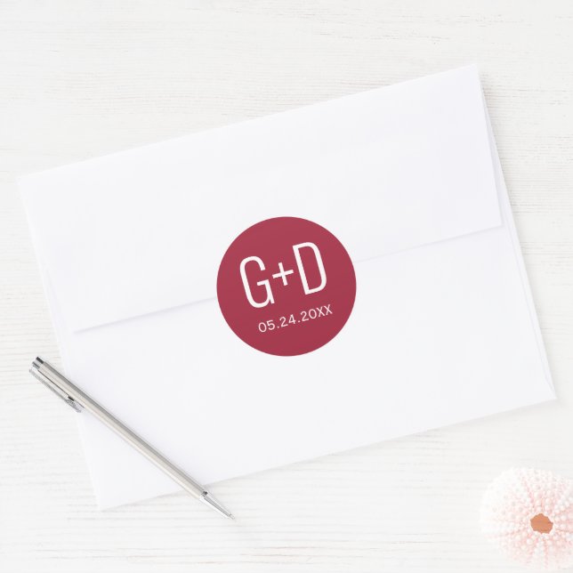 Simple and elegant initials burgundy red wedding classic round sticker (Envelope)