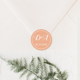 Simple and elegant initials peach wedding classic round sticker