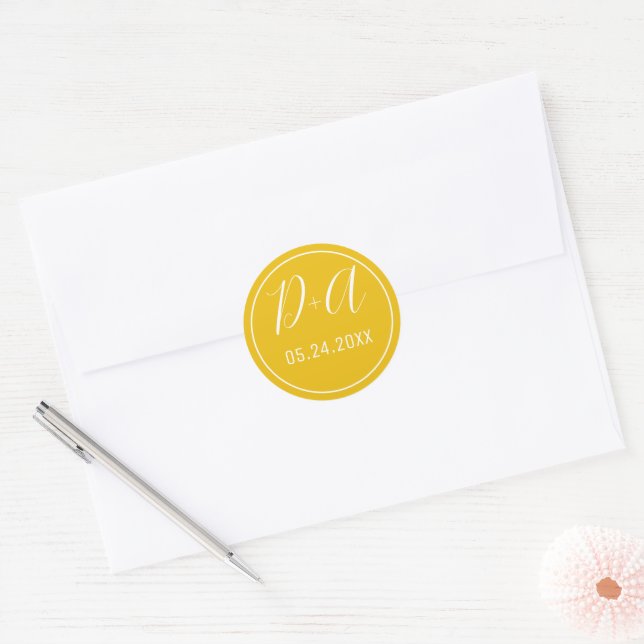 Simple and elegant initials yellow wedding classic round sticker (Envelope)