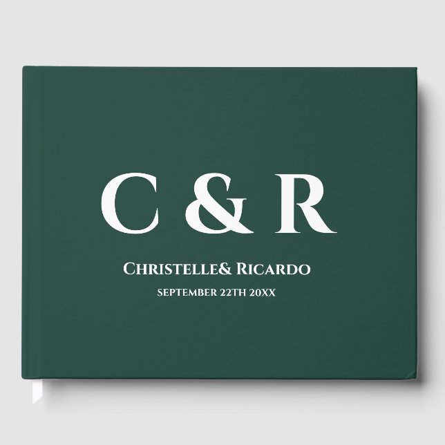 Simple and elegant monogram emerald green wedding  guest book (Front)