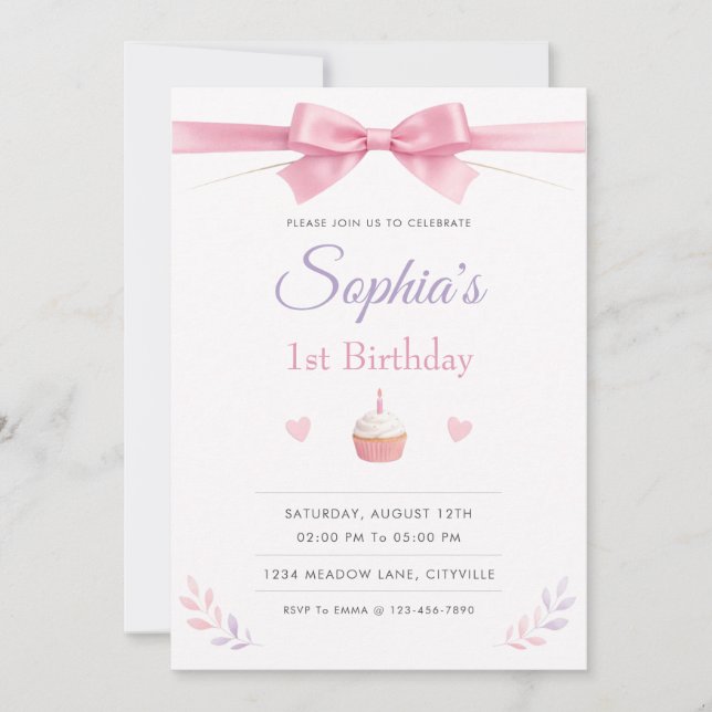 Simple and Elegant Pink Bow 1st Birthday Invitation (Front)