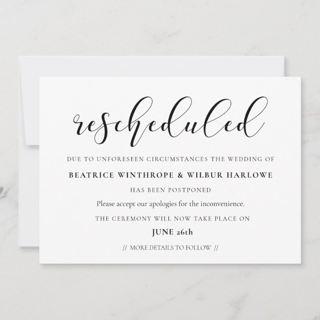 Simple and elegant rescheduled wedding date card (Front)