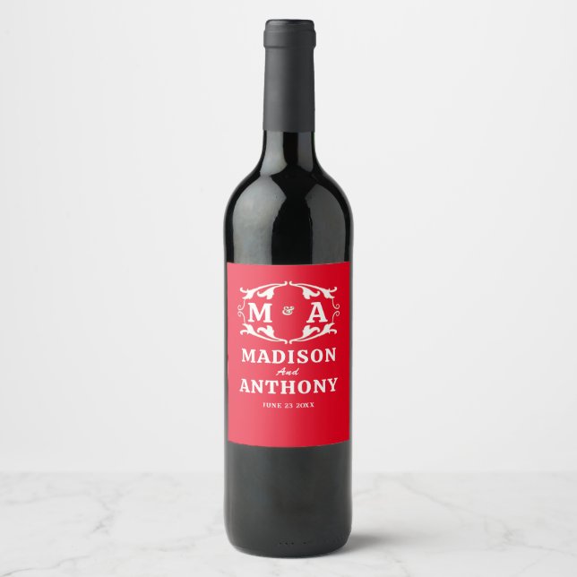 Simple and Elegant Sage Monogram Wedding Wine Label (Front)