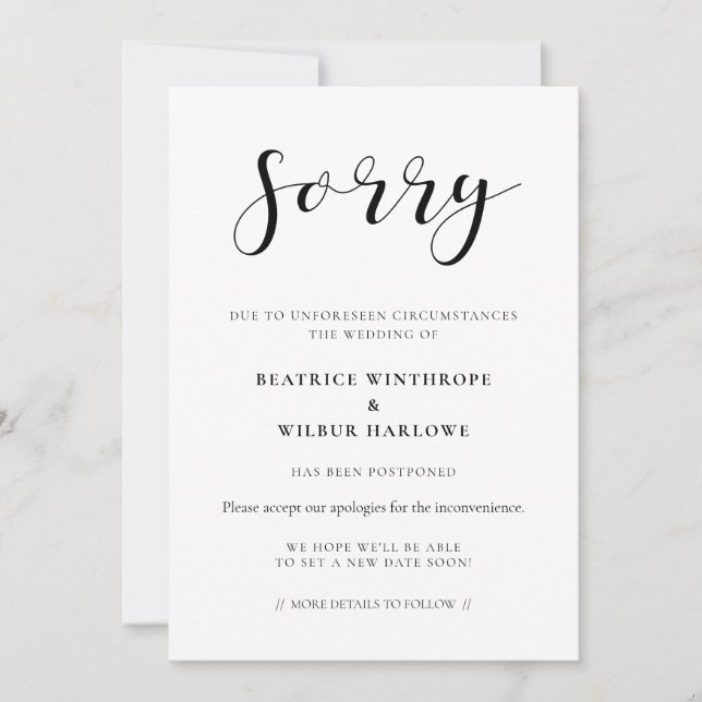 Simple and elegant Sorry wedding update card (Front)