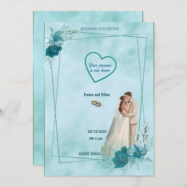 Simple and elegant wedding invitation in Sky Blue (Front/Back)