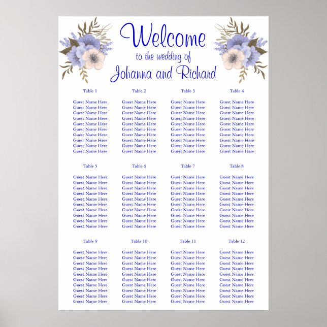 Simple and essential, blue Seating Charts (Front)