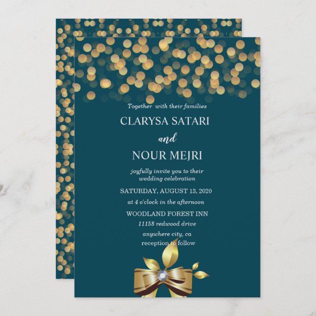 Simple and fresh colourful gold and blue bow invitation (Front/Back)