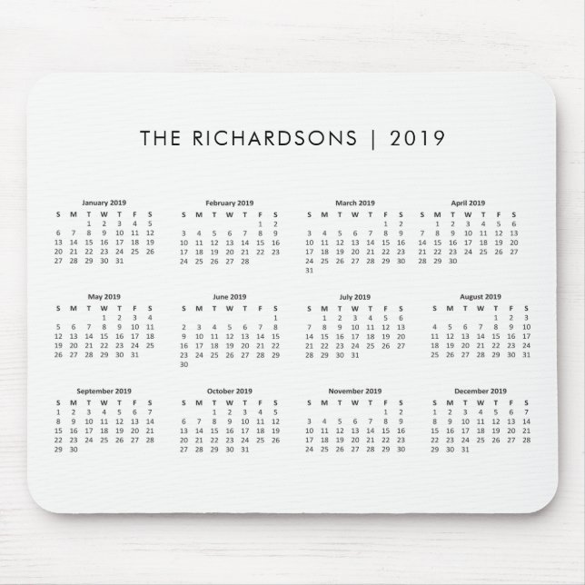 Simple and Modern Black and White 2019 Calendar Mouse Pad (Front)